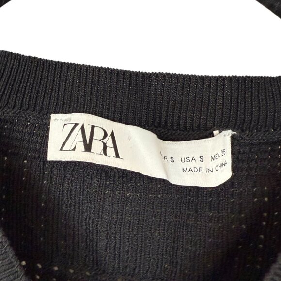 ZARA Black Stretchy Laser Cut Cropped Ruffled Short Sleeve Tee - Small - Picture 3 of 4